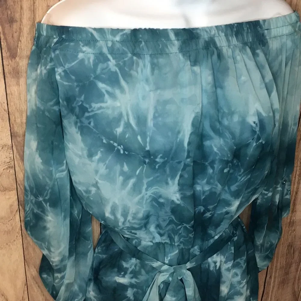 NWOT Belted Teal Blue Tie-Dye Off the Shoulder Romper